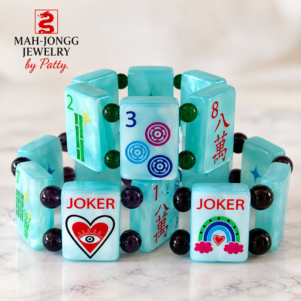 NEW!  Aqua Swirled Mah Jongg Tile Bracelet | Colorful Beaded Mahjong Jewelry | Gift for Mahjong Players