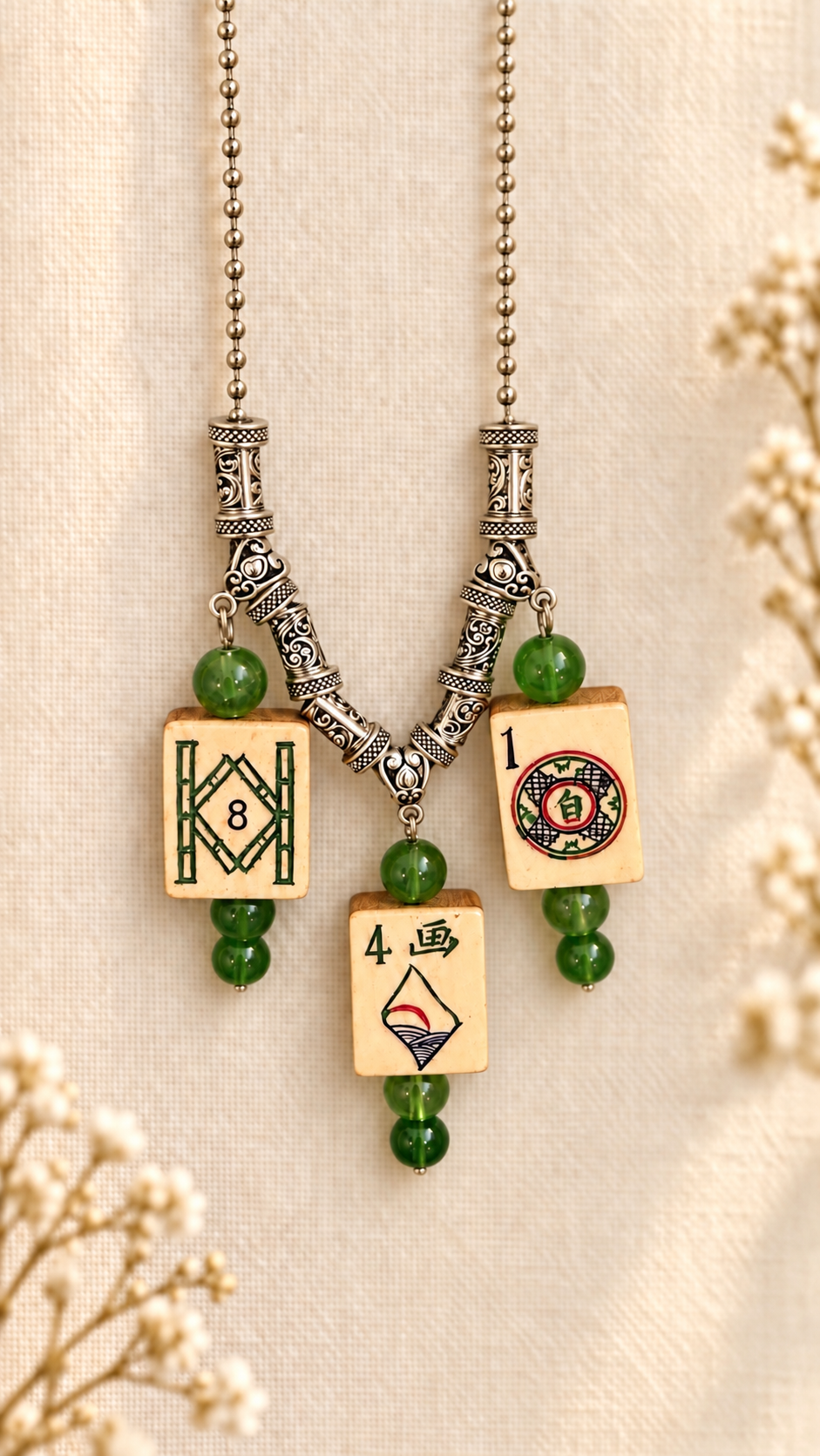 Very Unique Vintage Triple Tile Mahjong Necklace - Mah Jong gift for hosts and mah-jongg enthusiasts