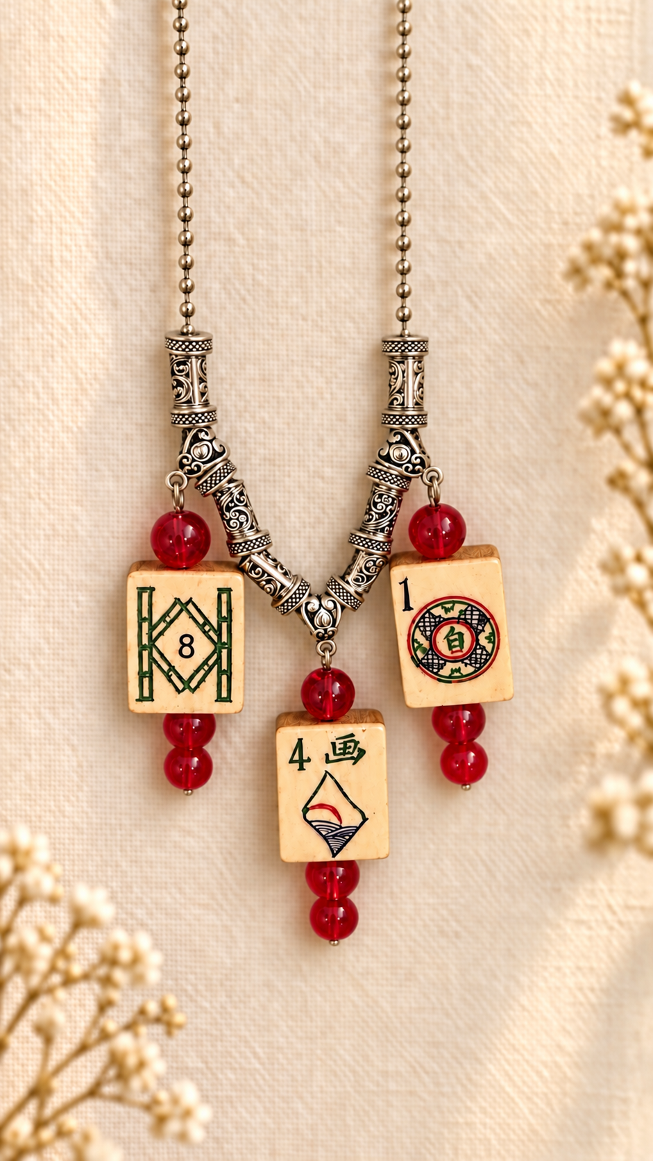 Very Unique Vintage Triple Tile Mahjong Necklace - Mah Jong gift for hosts and mah-jongg enthusiasts