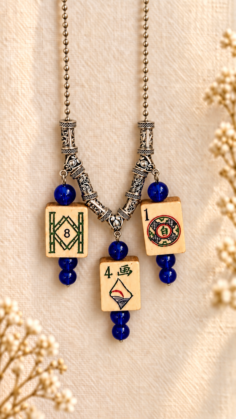 Very Unique Vintage Triple Tile Mahjong Necklace - Mah Jong gift for hosts and mah-jongg enthusiasts