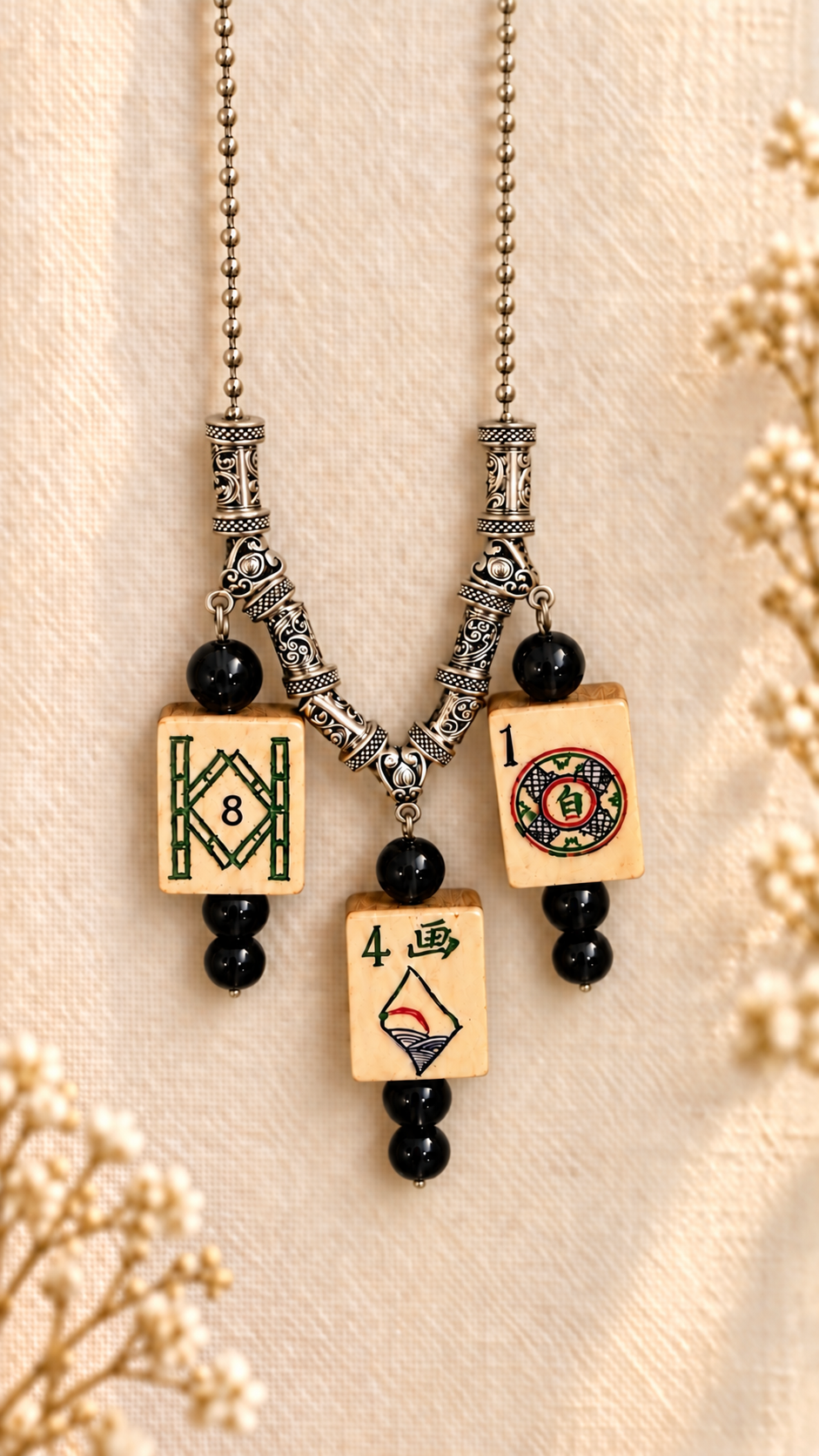 Very Unique Vintage Triple Tile Mahjong Necklace - Mah Jong gift for hosts and mah-jongg enthusiasts