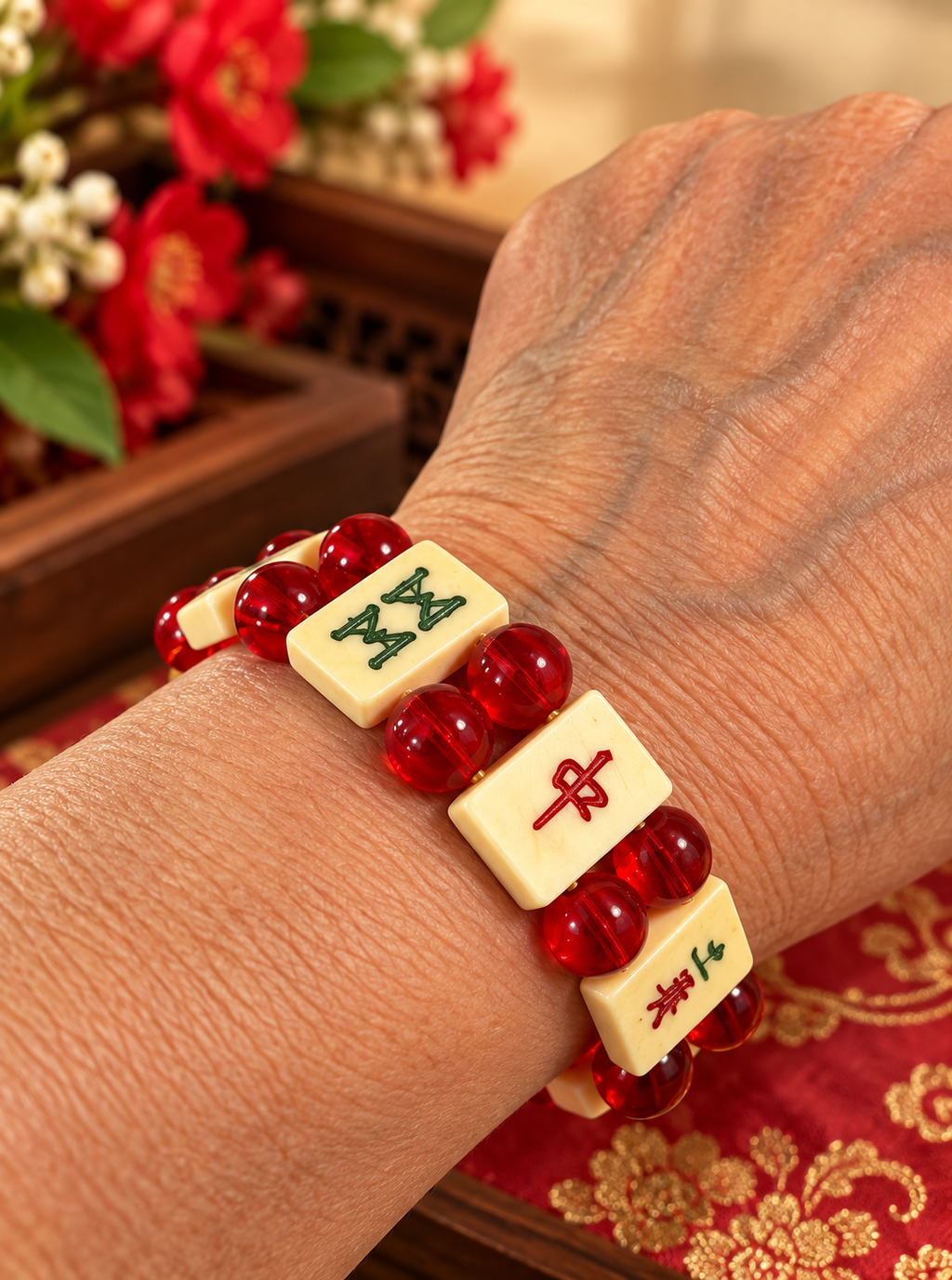 Handmade Classic Thin Bone Mah Jong Bracelet with Glass Beads
