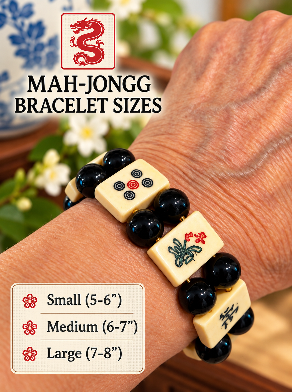 Handmade Classic Thin Bone Mah Jong Bracelet with Glass Beads