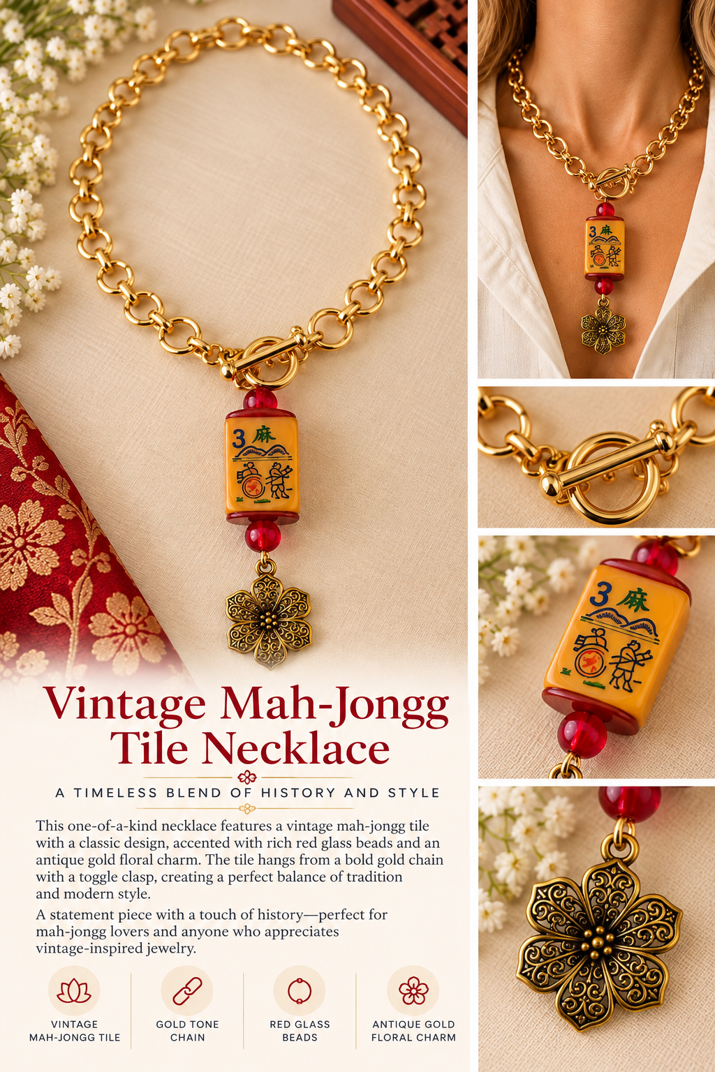 Vintage Mah-Jongg Tile Necklace — Choose Your Charm