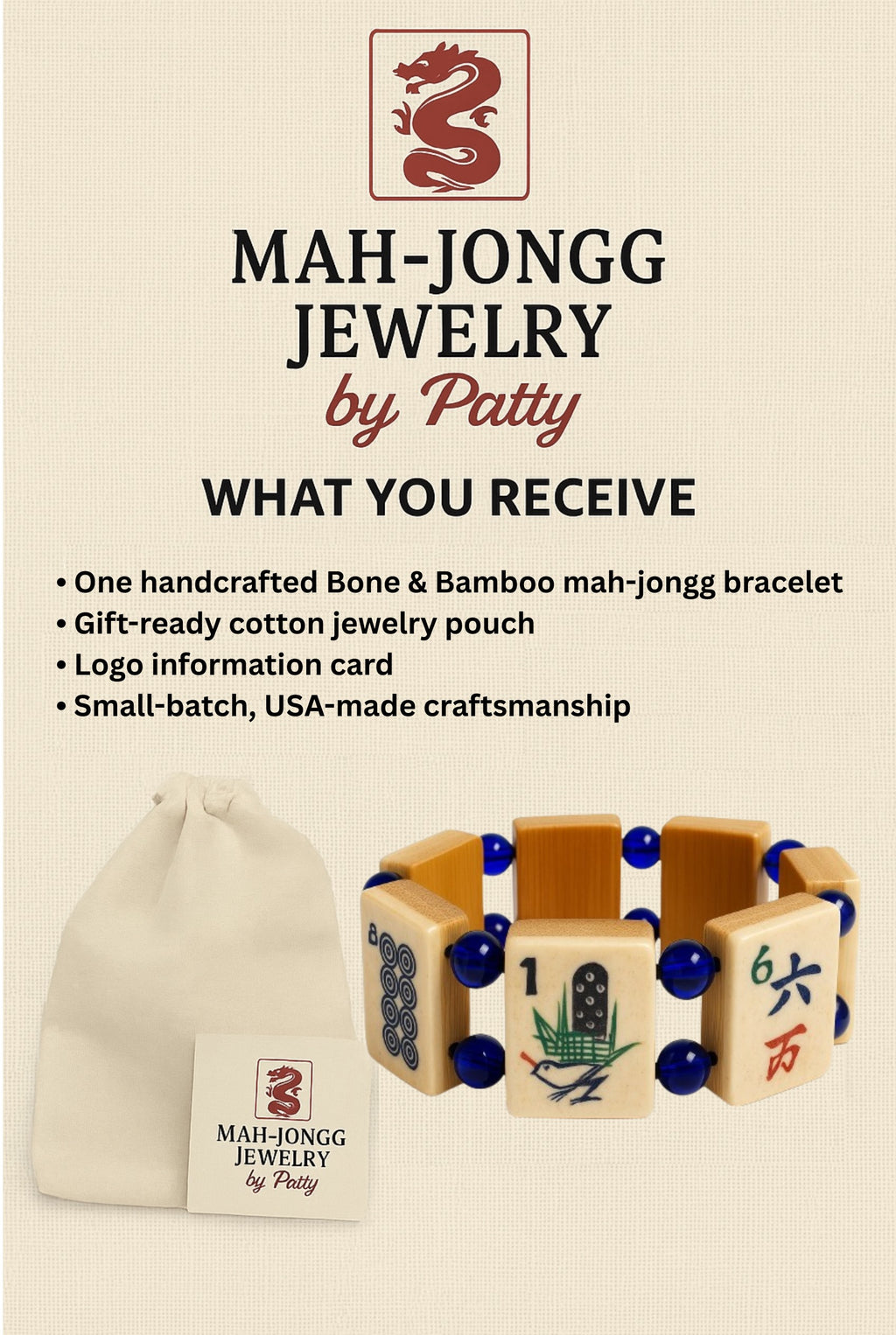Vintage Handmade Bone & Bamboo Mah-Jongg Bracelet