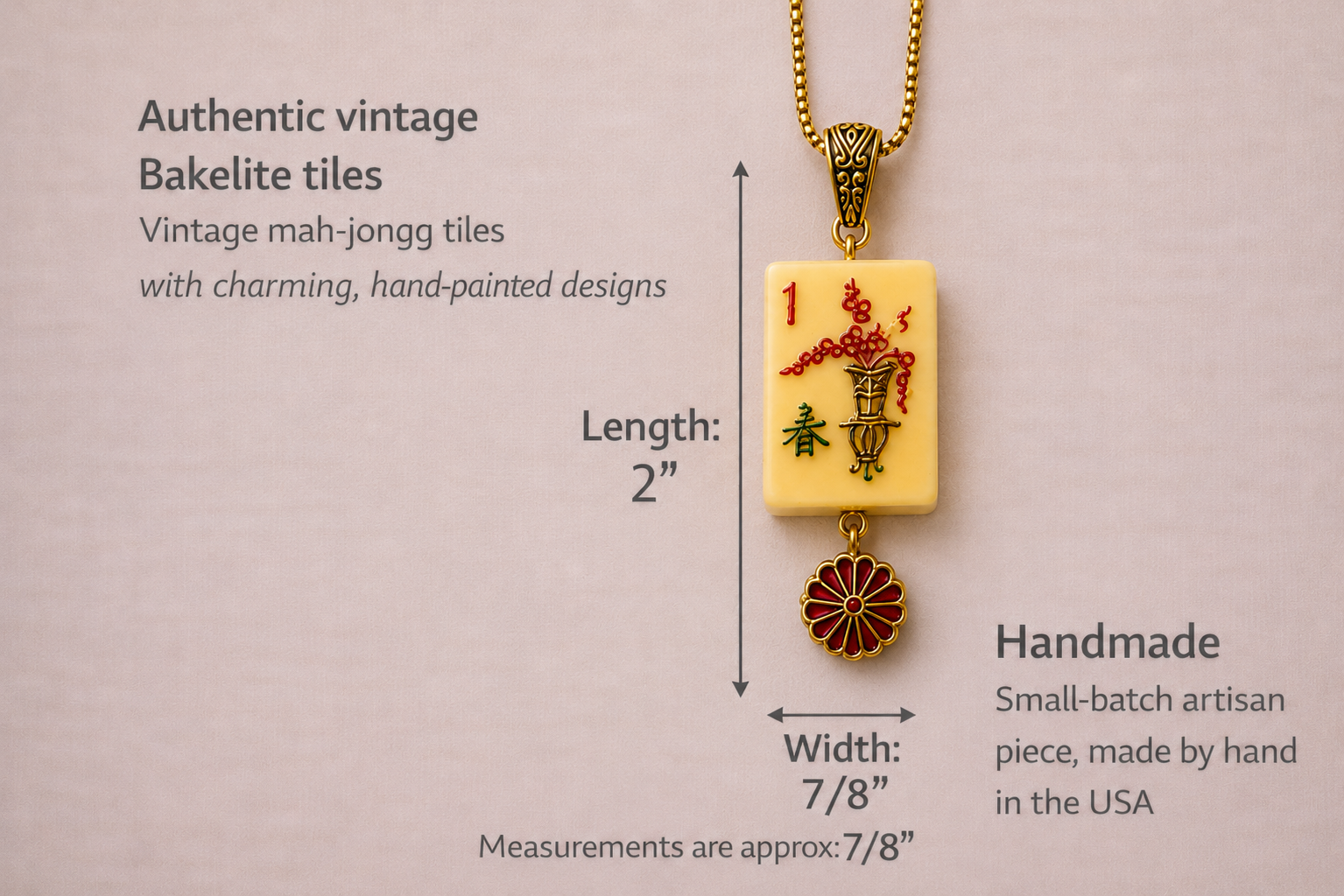 Handmade Vintage Bakelite Mah-Jongg Tile Necklace with Enamel Flower Charm