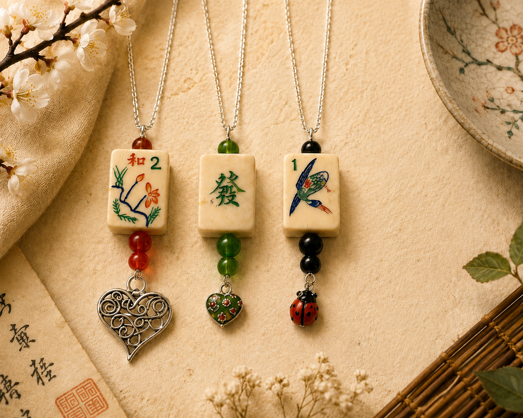 Vintage Bone & Bamboo Mah-Jongg Necklace with Glass Beads and Charm (Your Choice)